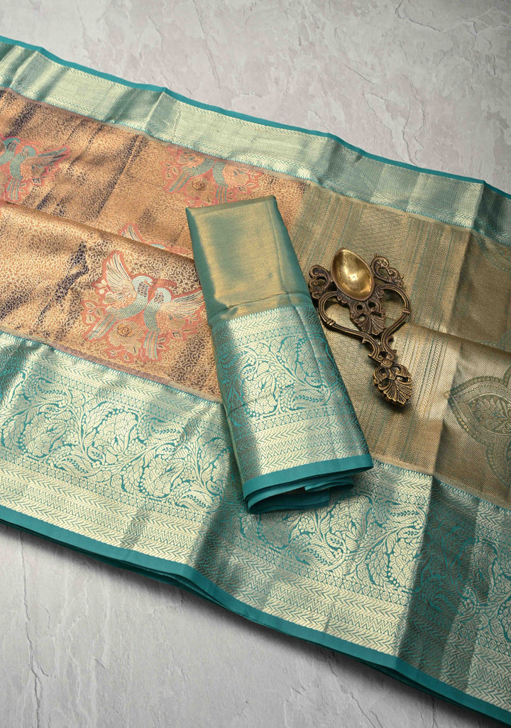Blue Brocade Jaal on Kanjivaram Tissue Semi Silk Saree with Meenakari Twin Birds Buttas and Contrast Zari Border