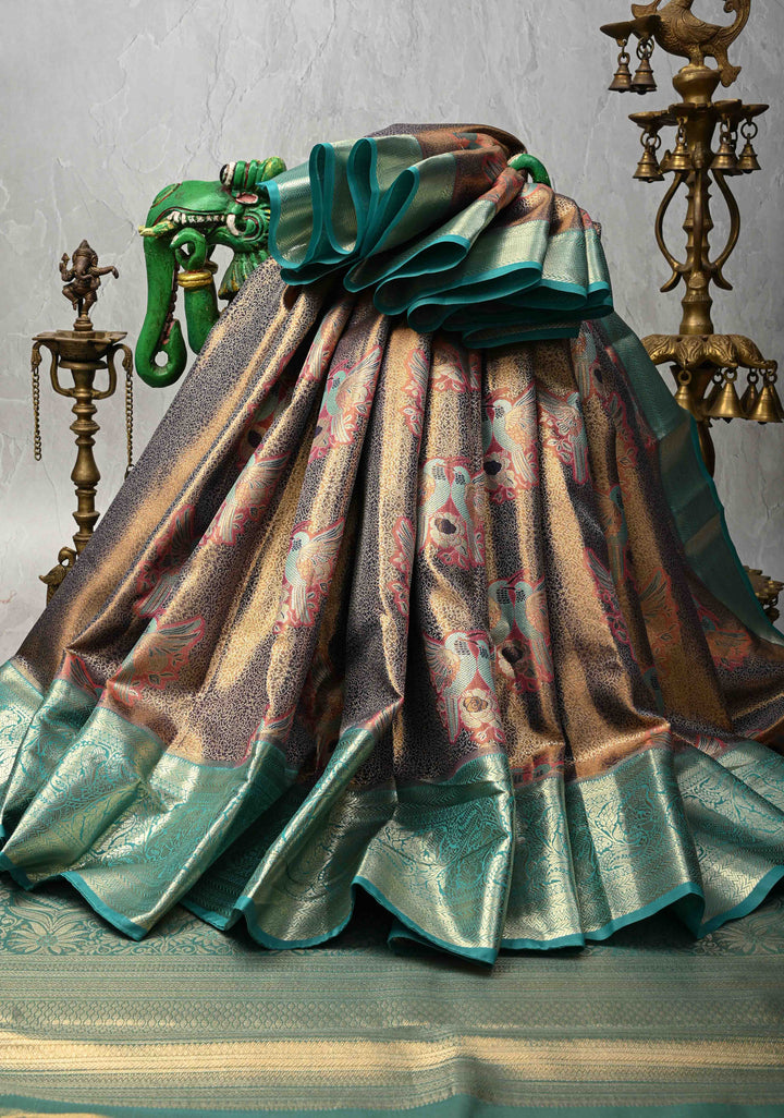 Blue Brocade Jaal on Kanjivaram Tissue Semi Silk Saree with Meenakari Twin Birds Buttas and Contrast Zari Border