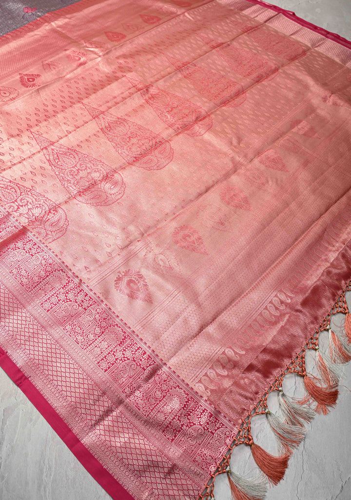 Plum Kanjivaram Tissue Semi Silk Saree with Meenakari Floral Jaal Brocade and Zari Border