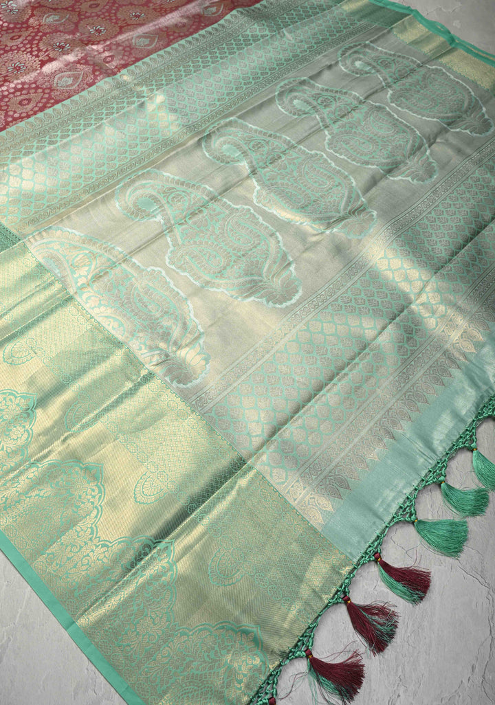 Brown Kanjivaram Tissue Semi Silk Saree with Meenakari Floral Brocade and Contrast Zari Border