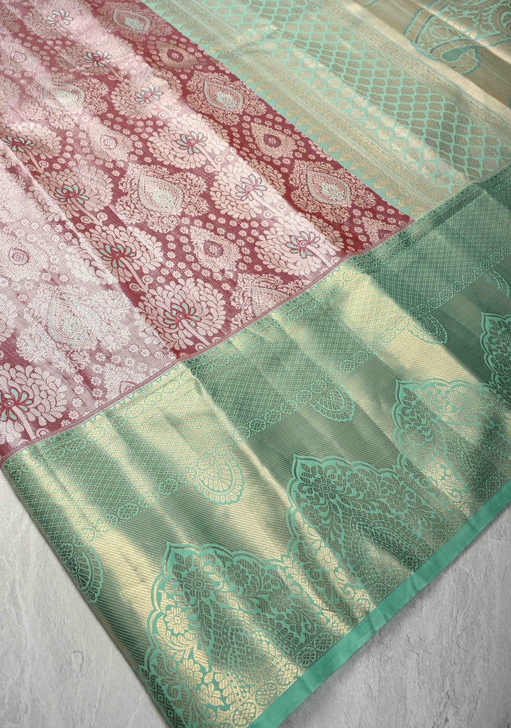 Brown Kanjivaram Tissue Semi Silk Saree with Meenakari Floral Brocade and Contrast Zari Border