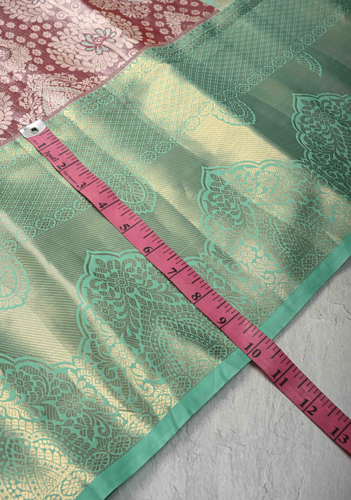 Brown Kanjivaram Tissue Semi Silk Saree with Meenakari Floral Brocade and Contrast Zari Border