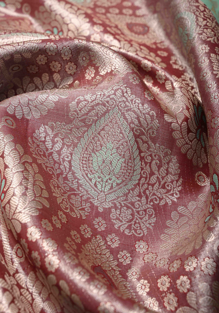 Brown Kanjivaram Tissue Semi Silk Saree with Meenakari Floral Brocade and Contrast Zari Border