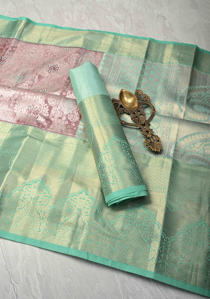 Brown Kanjivaram Tissue Semi Silk Saree with Meenakari Floral Brocade and Contrast Zari Border
