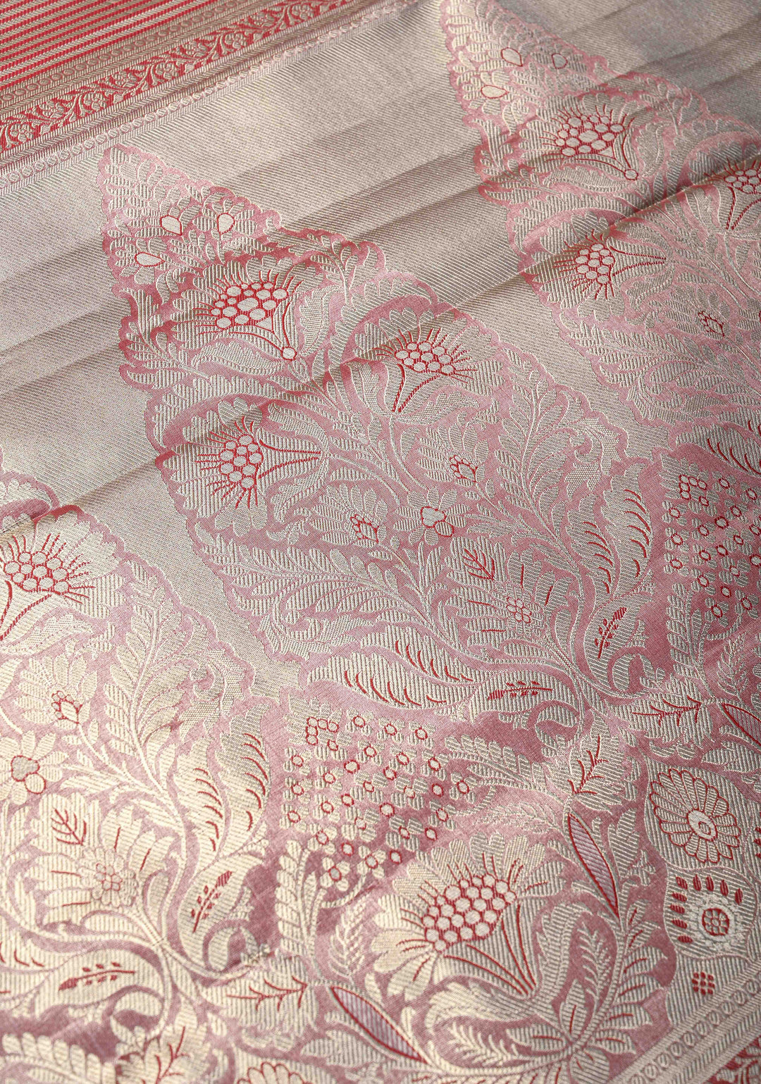 Sage Green Brocade on Kanjivaram Tissue Semi Silk Saree with Meenakari Buttas and Contrast Zari Border