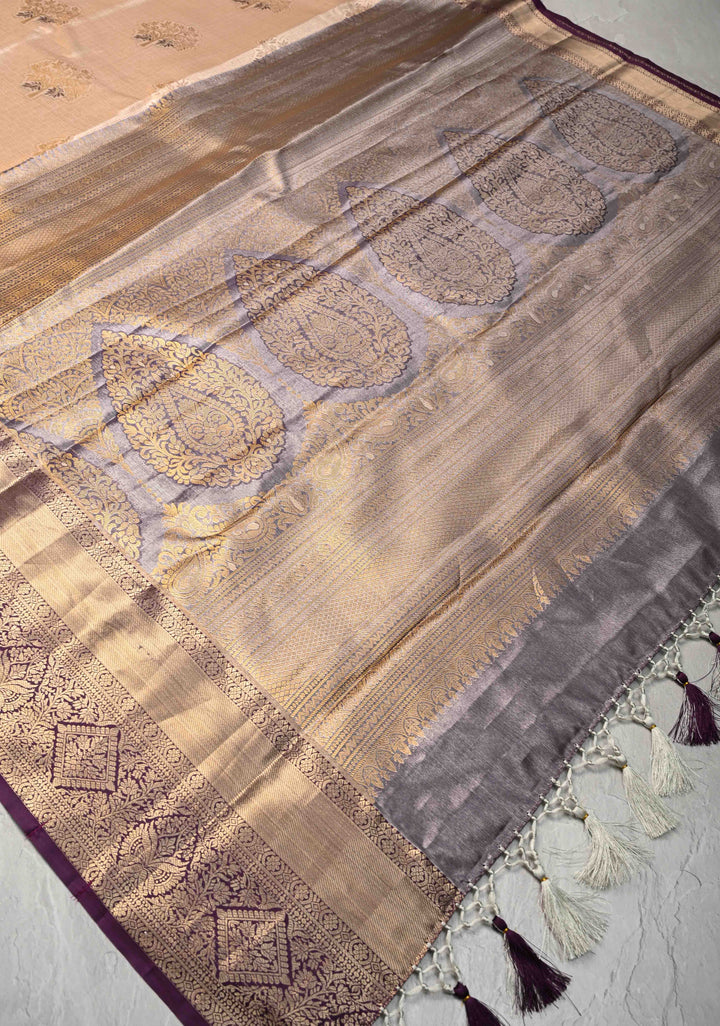 Tan Brocade on Kanjivaram Tissue Semi Silk Saree with Meenakari Buttas and Contrast Zari Border