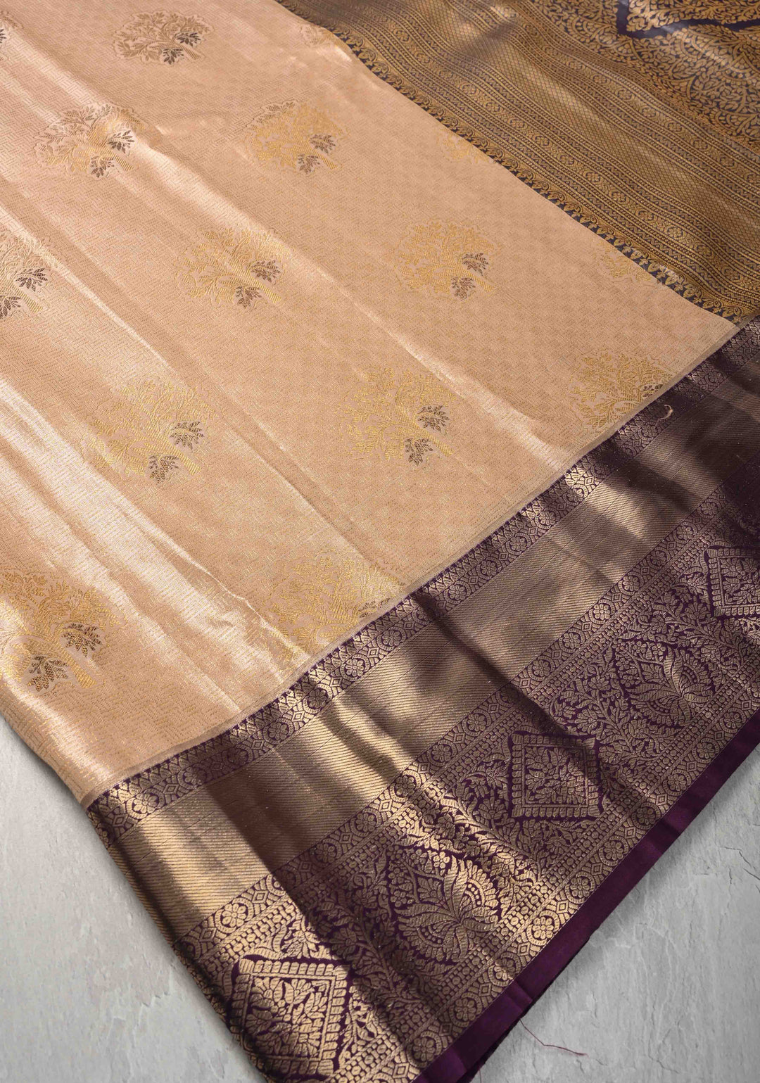 Tan Brocade on Kanjivaram Tissue Semi Silk Saree with Meenakari Buttas and Contrast Zari Border