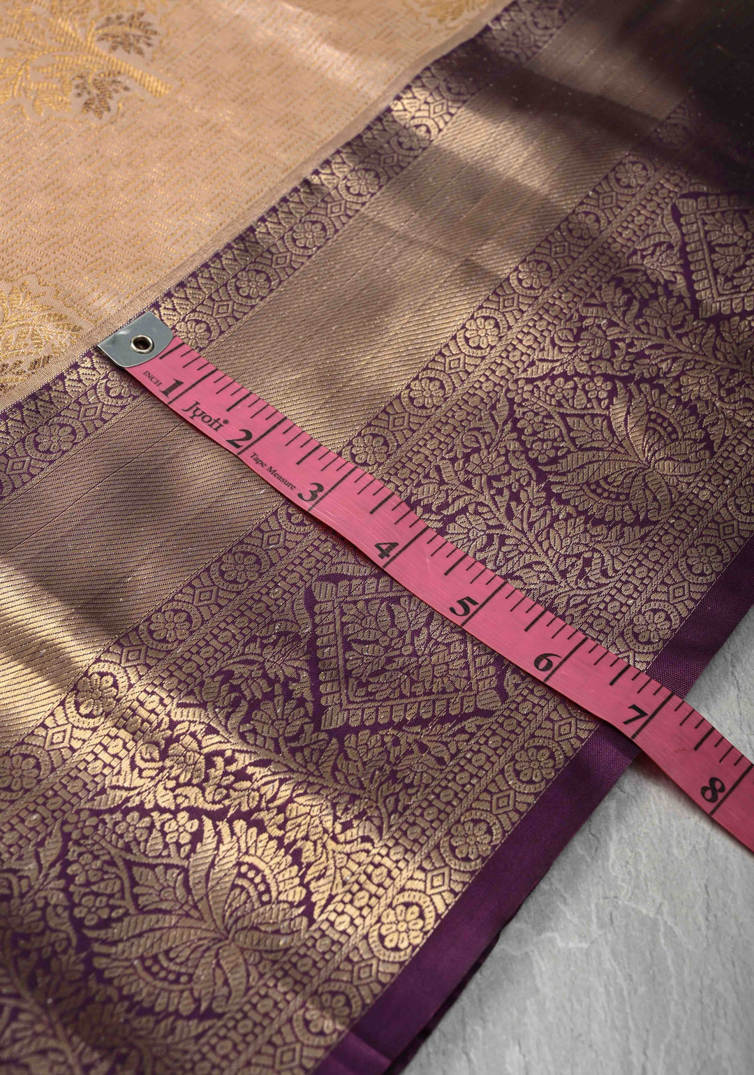 Tan Brocade on Kanjivaram Tissue Semi Silk Saree with Meenakari Buttas and Contrast Zari Border
