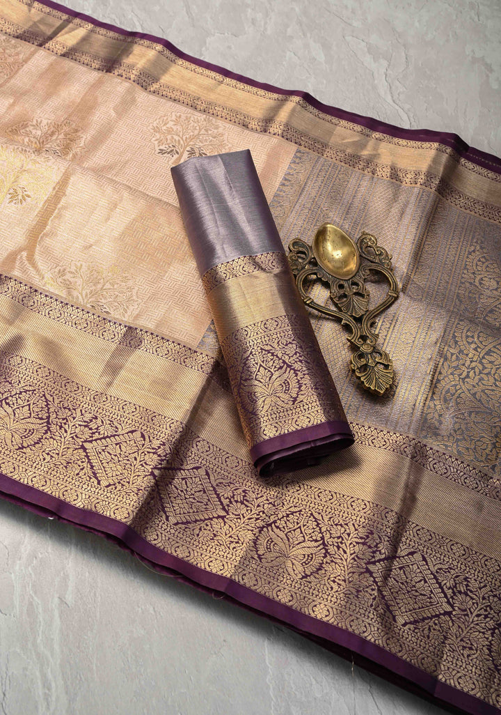 Tan Brocade on Kanjivaram Tissue Semi Silk Saree with Meenakari Buttas and Contrast Zari Border