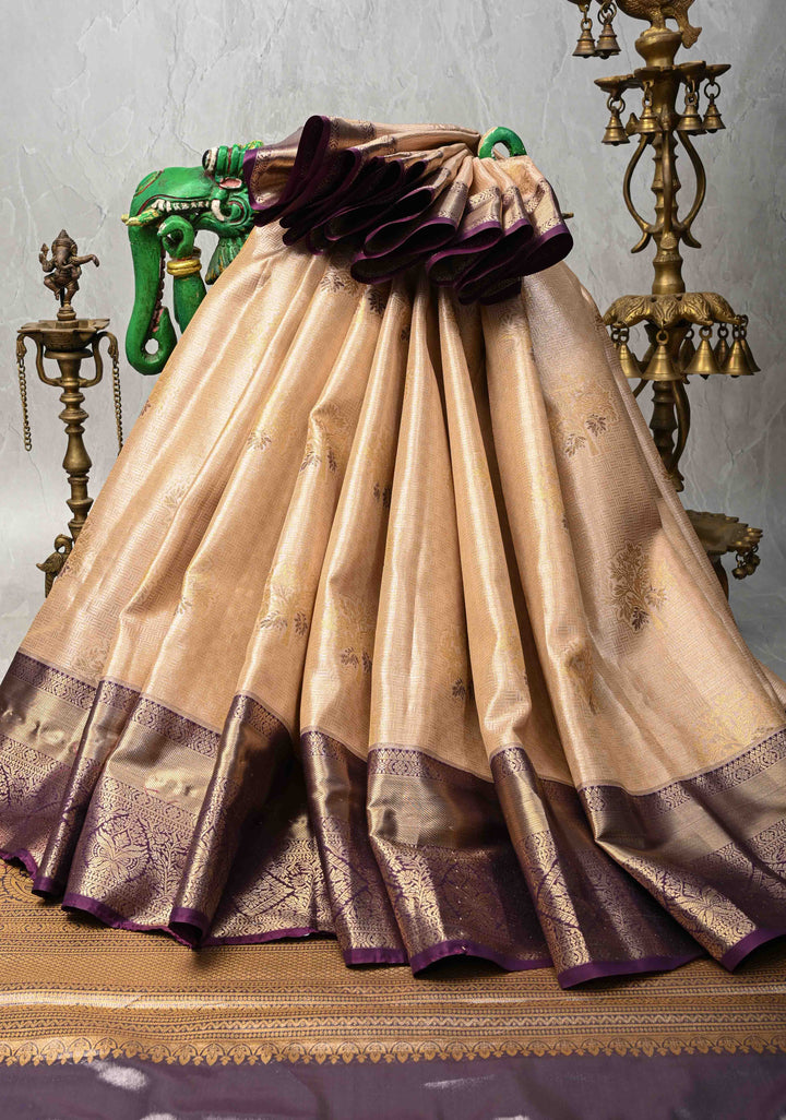 Tan Brocade on Kanjivaram Tissue Semi Silk Saree with Meenakari Buttas and Contrast Zari Border