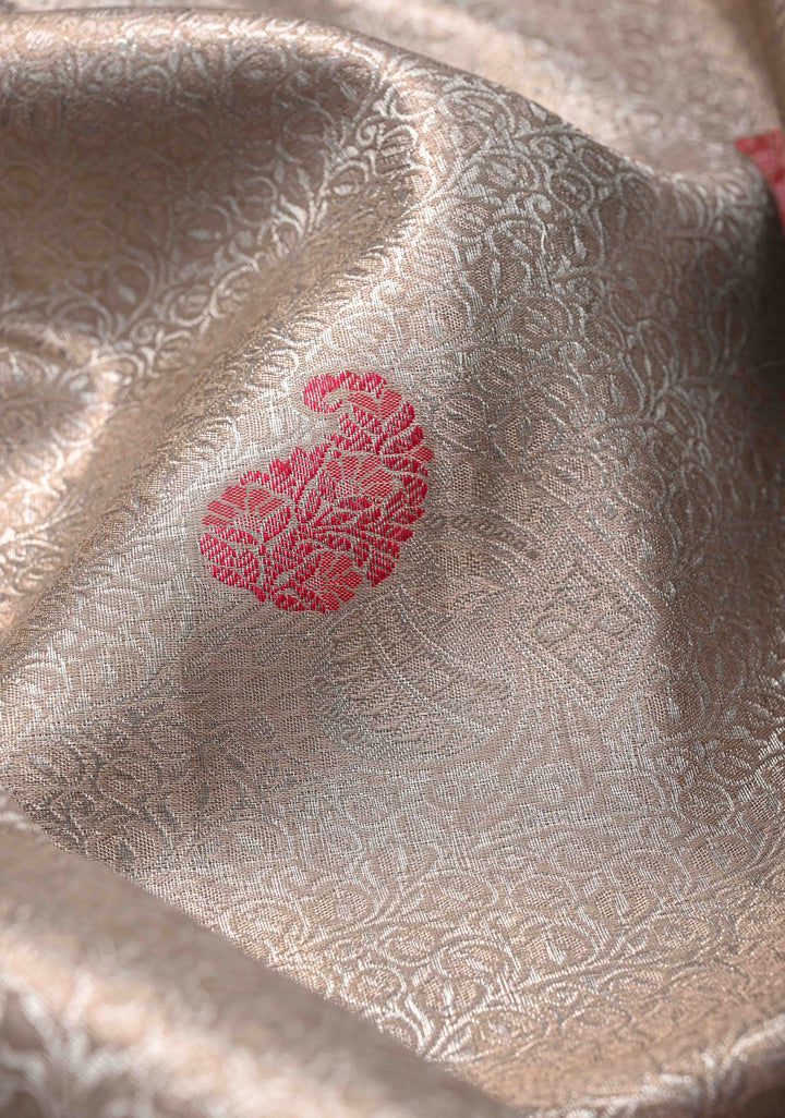 Taupe Brocade on Kanjivaram Tissue Semi Silk Saree with Contrast Zari Border