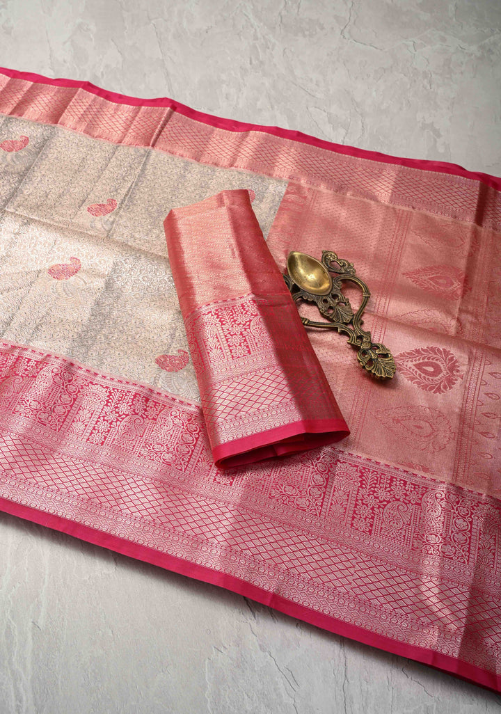 Taupe Brocade on Kanjivaram Tissue Semi Silk Saree with Contrast Zari Border