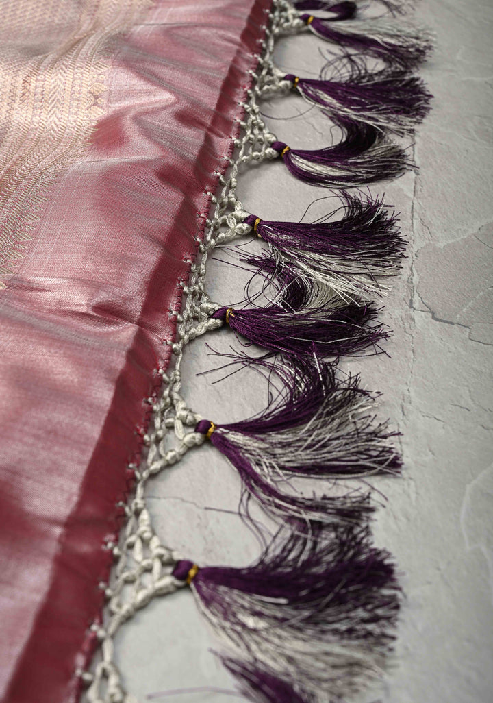Gray Kanjivaram Tissue Semi Silk Saree with Meenakari Floral Brocade and Contrast Zari Border