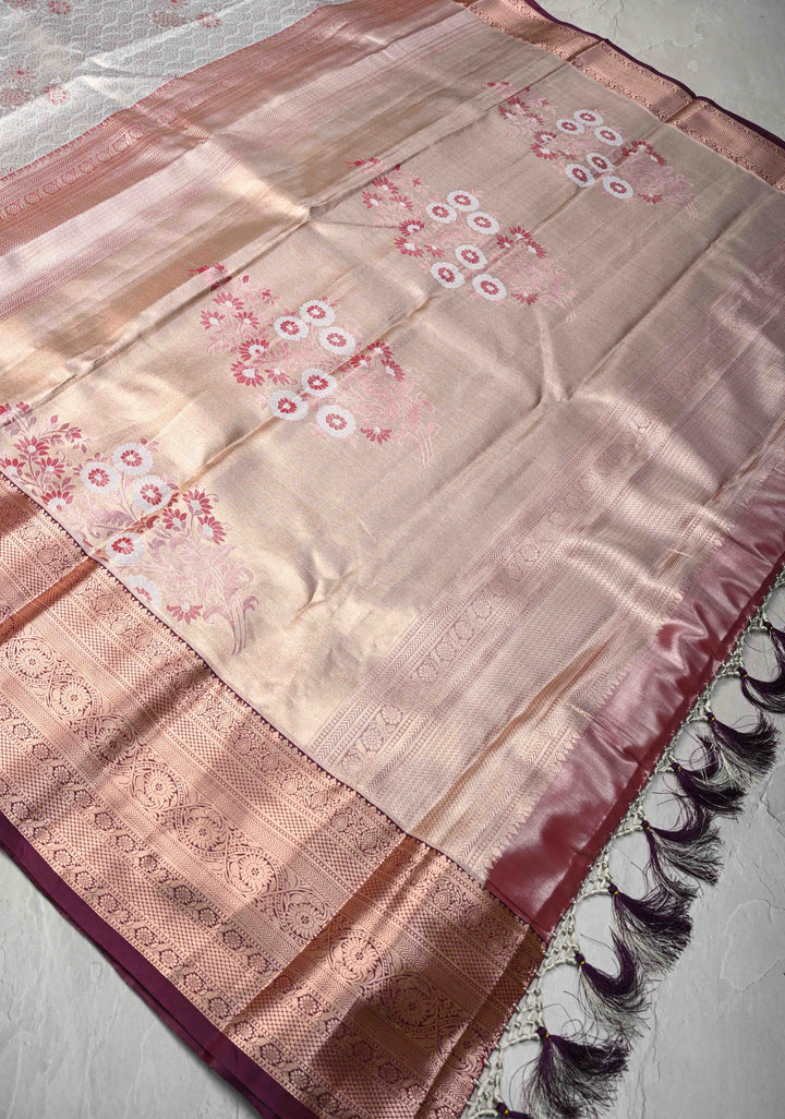Gray Kanjivaram Tissue Semi Silk Saree with Meenakari Floral Brocade and Contrast Zari Border