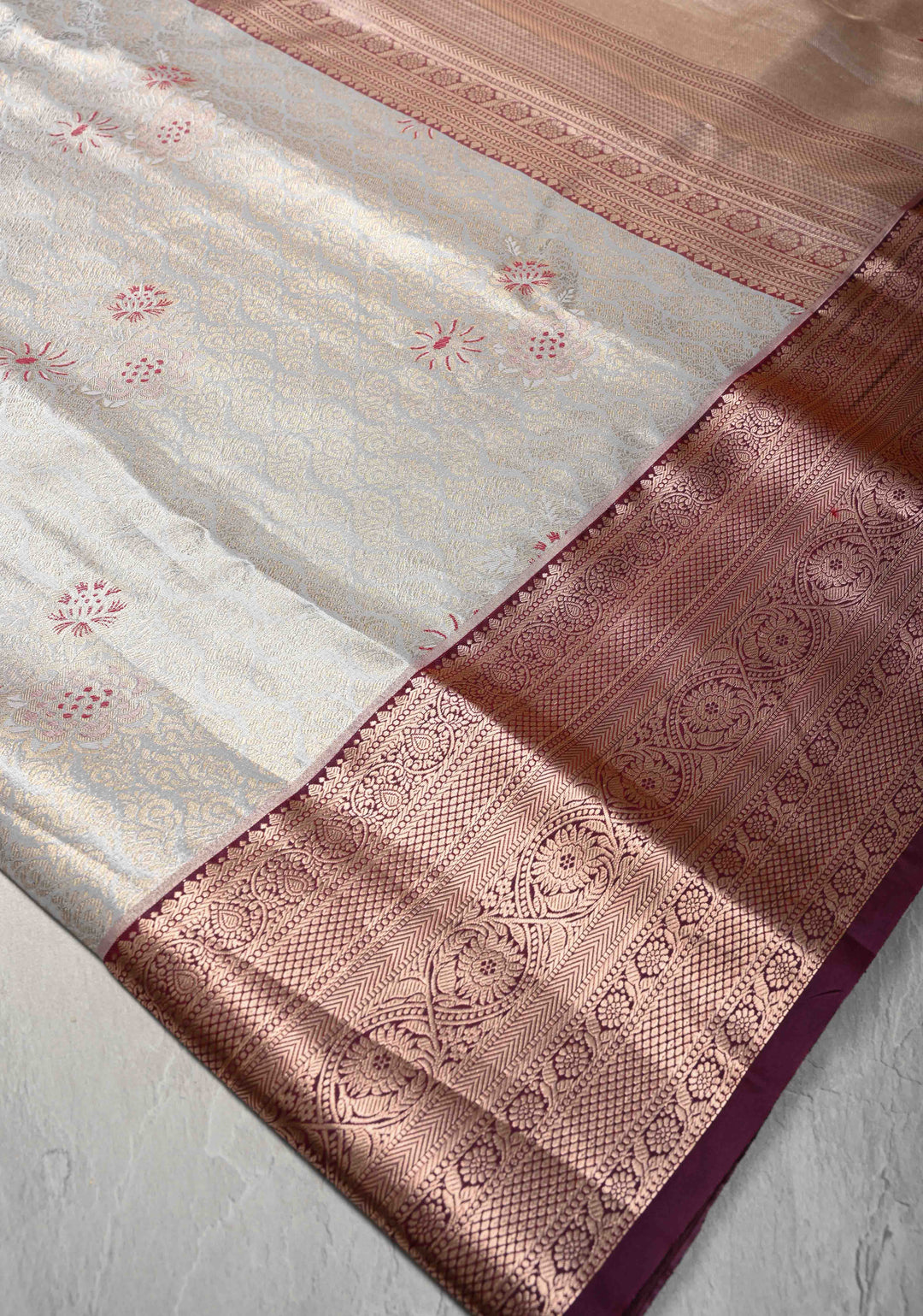 Gray Kanjivaram Tissue Semi Silk Saree with Meenakari Floral Brocade and Contrast Zari Border
