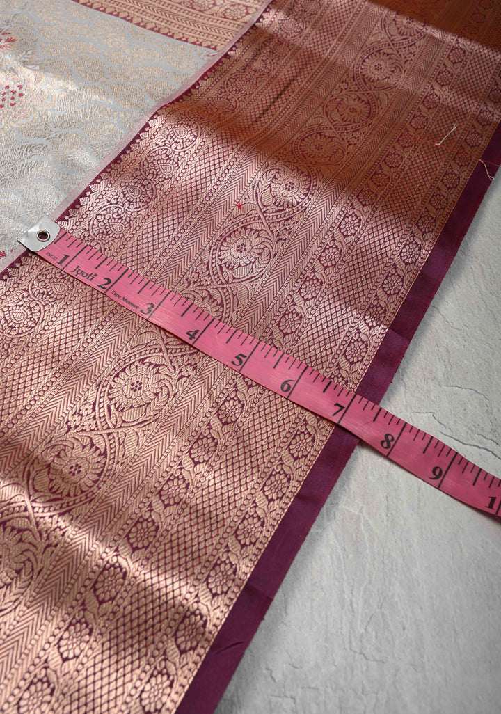 Gray Kanjivaram Tissue Semi Silk Saree with Meenakari Floral Brocade and Contrast Zari Border