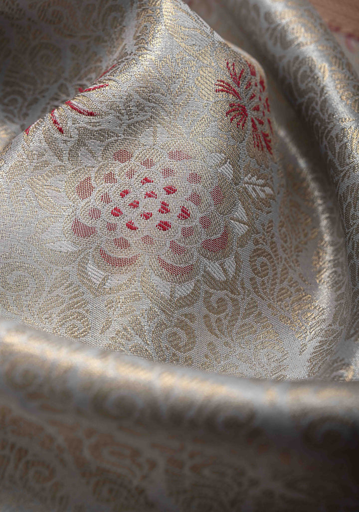 Gray Kanjivaram Tissue Semi Silk Saree with Meenakari Floral Brocade and Contrast Zari Border