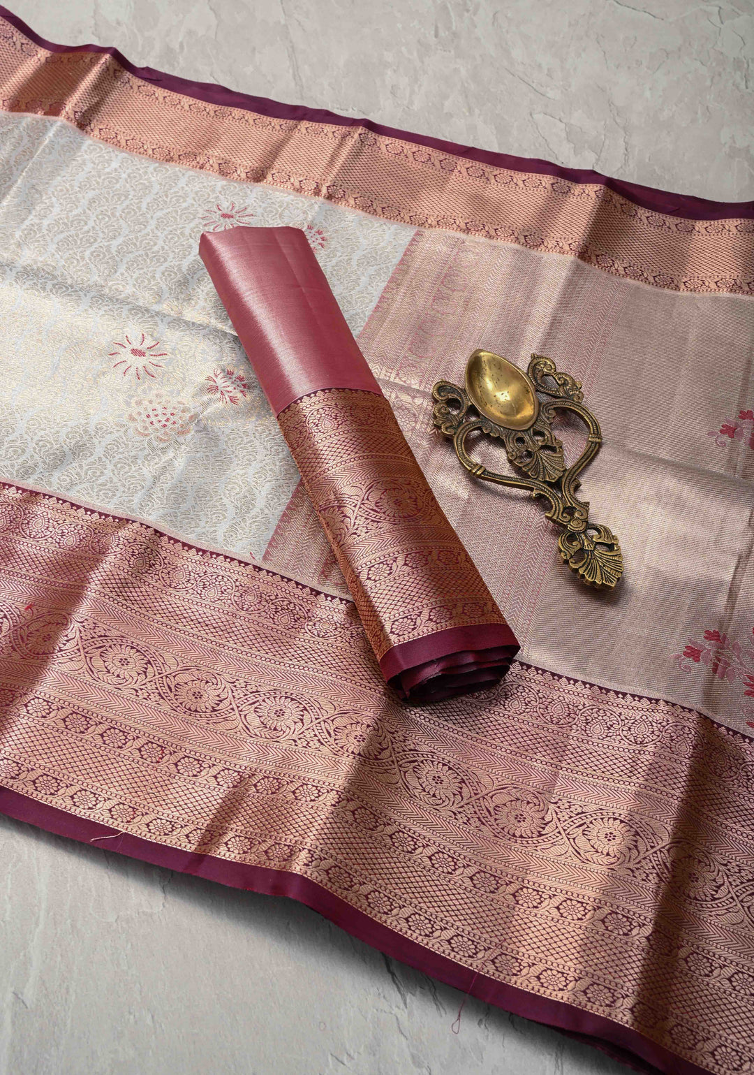 Gray Kanjivaram Tissue Semi Silk Saree with Meenakari Floral Brocade and Contrast Zari Border