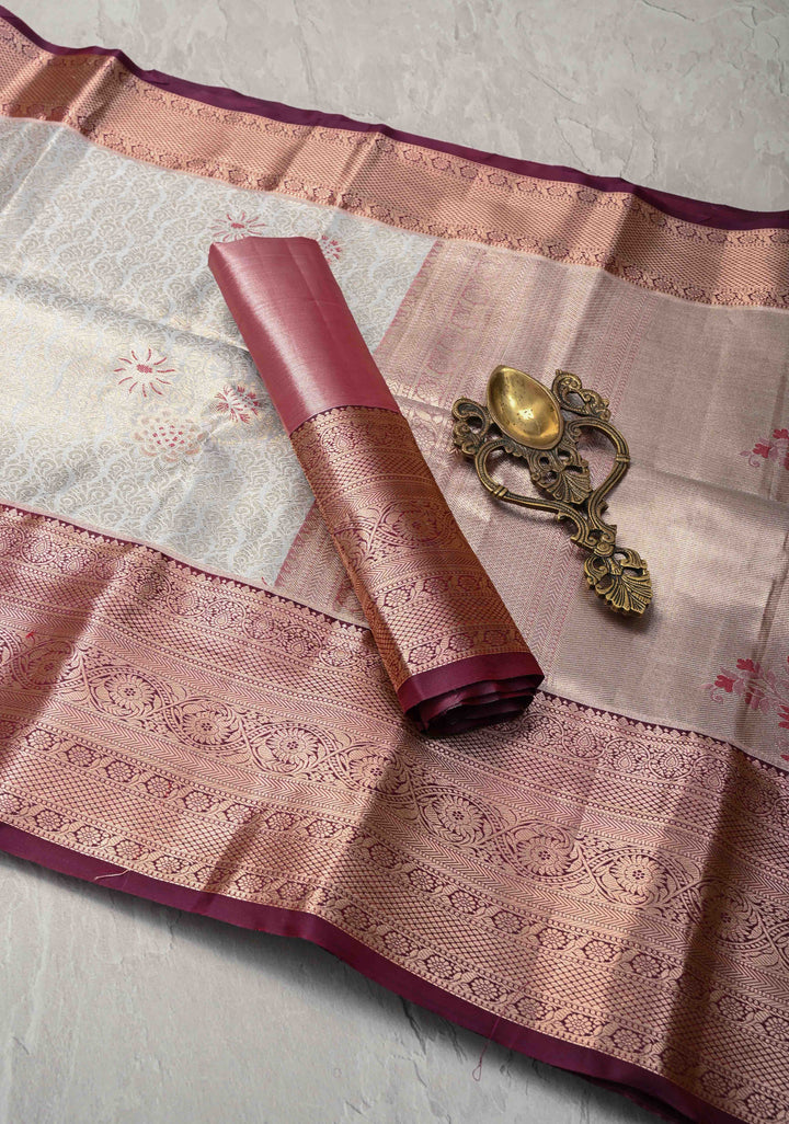 Gray Kanjivaram Tissue Semi Silk Saree with Meenakari Floral Brocade and Contrast Zari Border