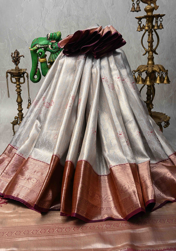Gray Kanjivaram Tissue Semi Silk Saree with Meenakari Floral Brocade and Contrast Zari Border
