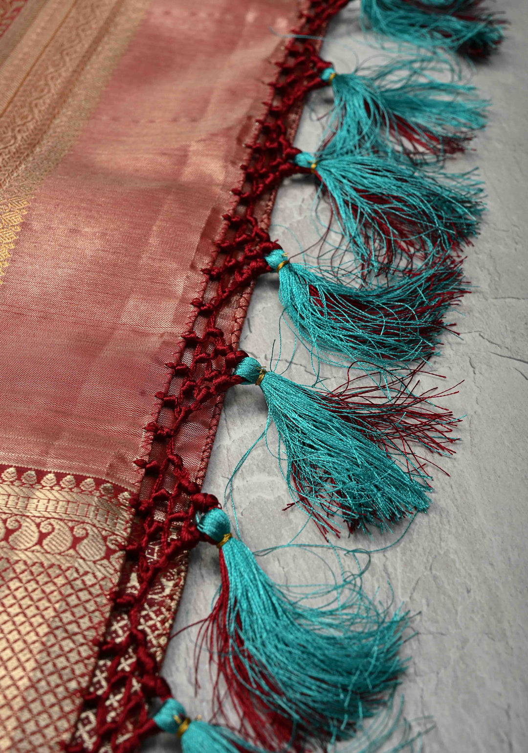 Teal Brocade Jaal on Kanjivaram Tissue Semi Silk Saree with Meenakari Buttas and Contrast Zari Border