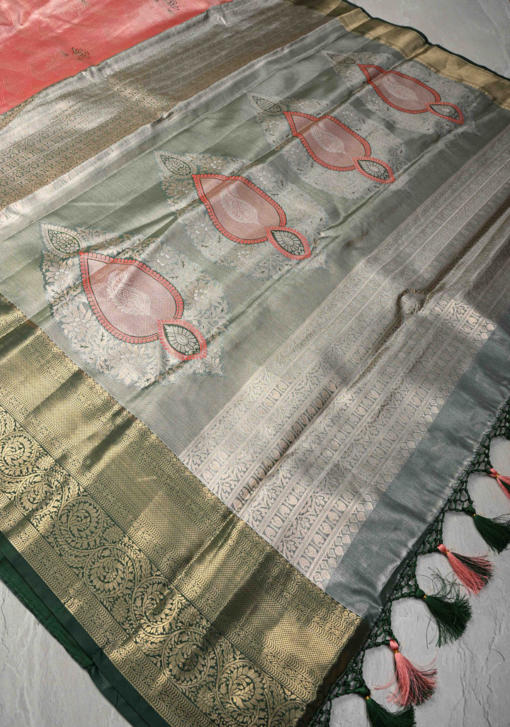 Salmon Brocade Jaal on Kanjivaram Tissue Semi Silk Saree with Meenakari Buttas and Contrast Zari Border