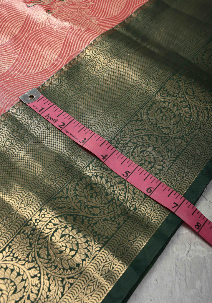 Salmon Brocade Jaal on Kanjivaram Tissue Semi Silk Saree with Meenakari Buttas and Contrast Zari Border