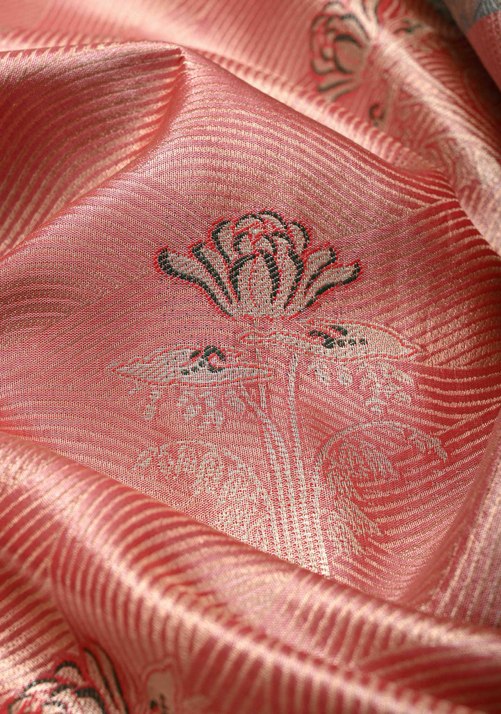 Salmon Brocade Jaal on Kanjivaram Tissue Semi Silk Saree with Meenakari Buttas and Contrast Zari Border