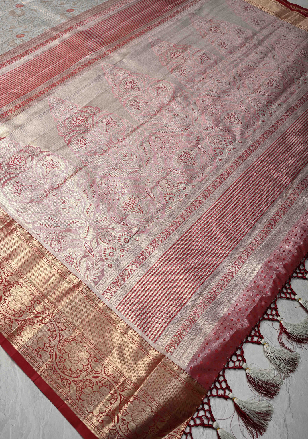 Gray Brocade on Kanjivaram Tissue Semi Silk Saree with Meenakari Buttas and Contrast Zari Border