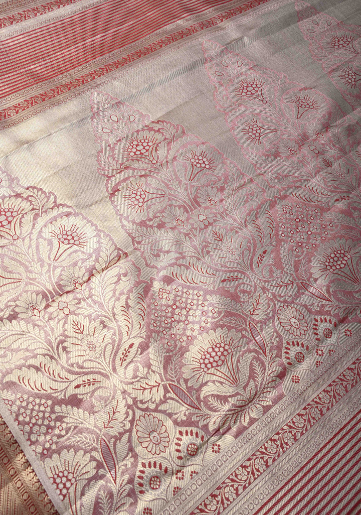 Gray Brocade on Kanjivaram Tissue Semi Silk Saree with Meenakari Buttas and Contrast Zari Border