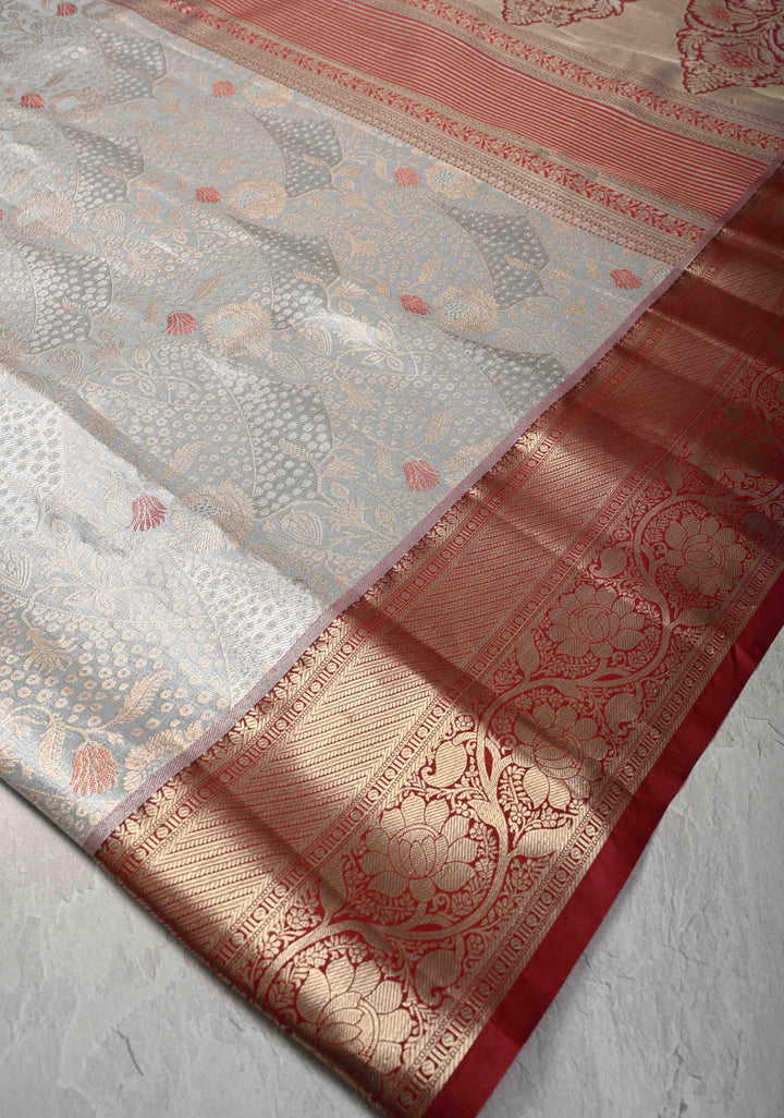 Gray Brocade on Kanjivaram Tissue Semi Silk Saree with Meenakari Buttas and Contrast Zari Border