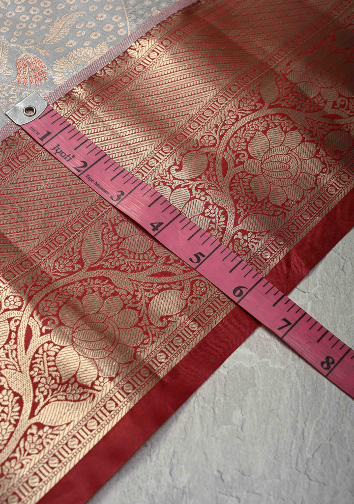 Gray Brocade on Kanjivaram Tissue Semi Silk Saree with Meenakari Buttas and Contrast Zari Border