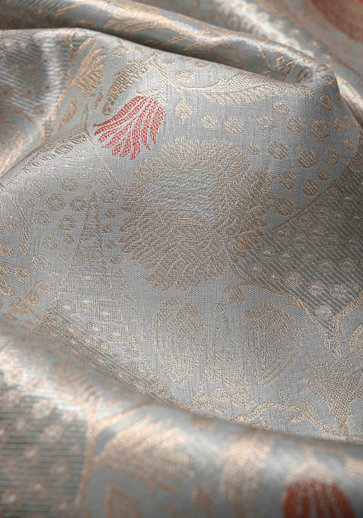 Gray Brocade on Kanjivaram Tissue Semi Silk Saree with Meenakari Buttas and Contrast Zari Border