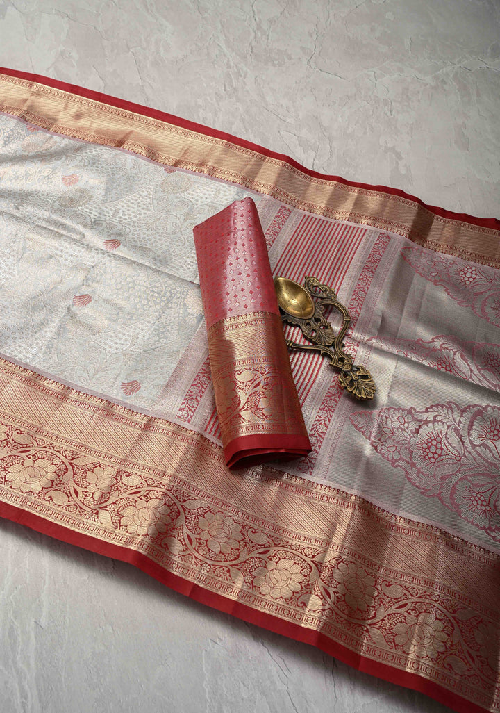Gray Brocade on Kanjivaram Tissue Semi Silk Saree with Meenakari Buttas and Contrast Zari Border