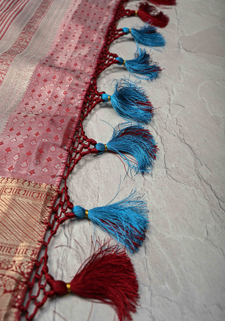Azure Blue Kanjivaram Tissue Semi Silk Saree with Meenakari Floral Brocade and Contrast Zari Border