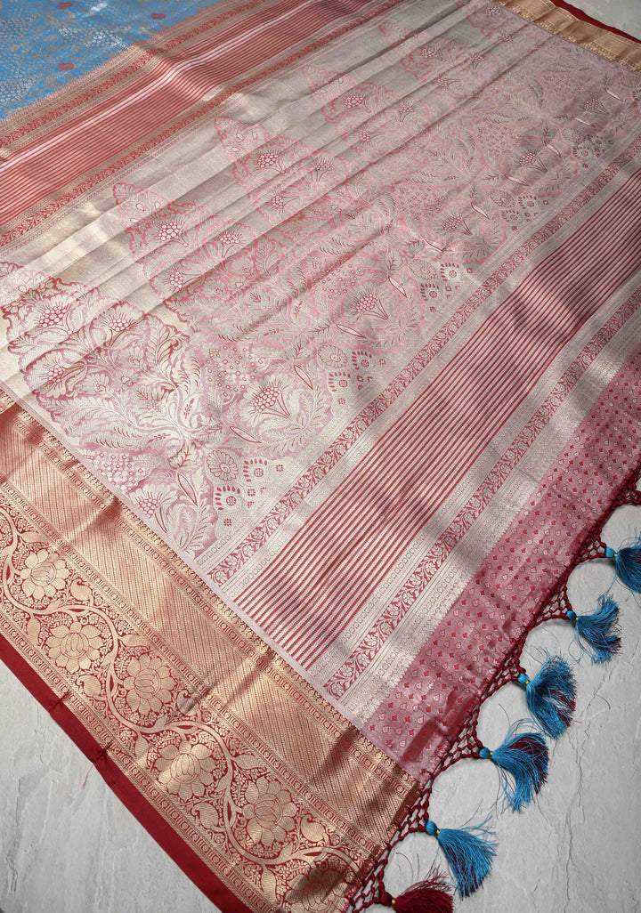 Azure Blue Kanjivaram Tissue Semi Silk Saree with Meenakari Floral Brocade and Contrast Zari Border