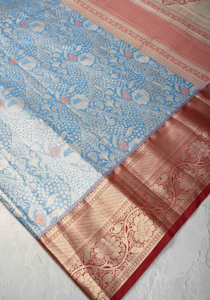 Azure Blue Kanjivaram Tissue Semi Silk Saree with Meenakari Floral Brocade and Contrast Zari Border