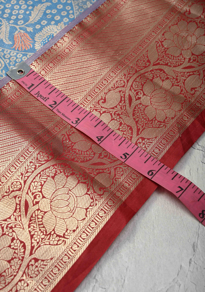Azure Blue Kanjivaram Tissue Semi Silk Saree with Meenakari Floral Brocade and Contrast Zari Border