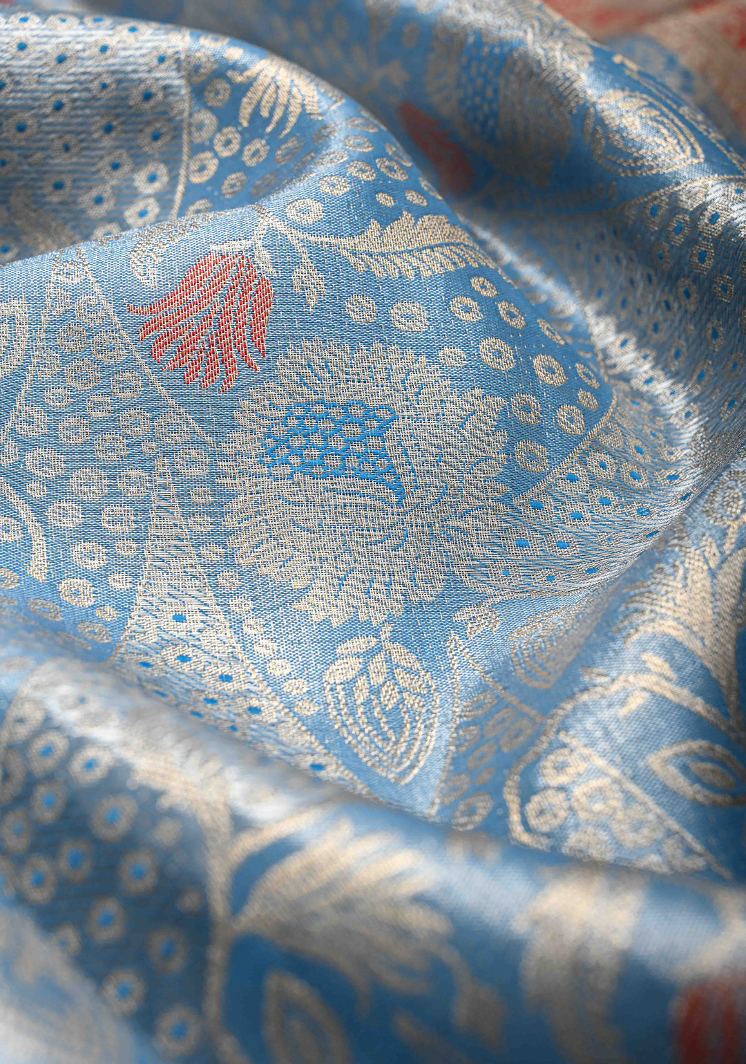 Azure Blue Kanjivaram Tissue Semi Silk Saree with Meenakari Floral Brocade and Contrast Zari Border