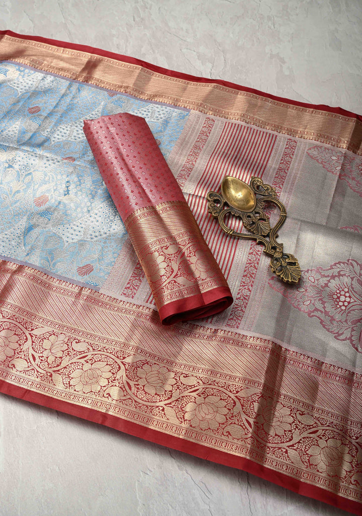 Azure Blue Kanjivaram Tissue Semi Silk Saree with Meenakari Floral Brocade and Contrast Zari Border