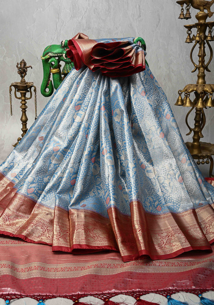 Azure Blue Kanjivaram Tissue Semi Silk Saree with Meenakari Floral Brocade and Contrast Zari Border