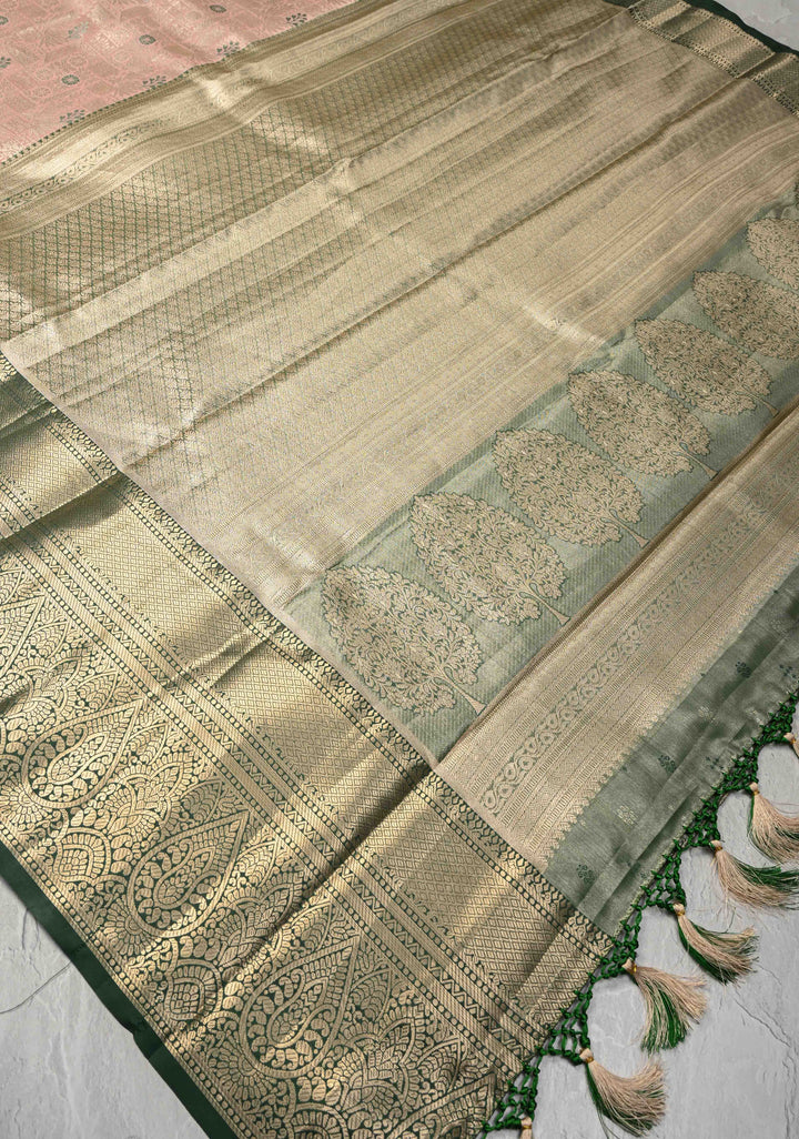 Faded Pink Brocade on Kanjivaram Tissue Semi Silk Saree with Meenakari Buttas and Contrast Zari Border