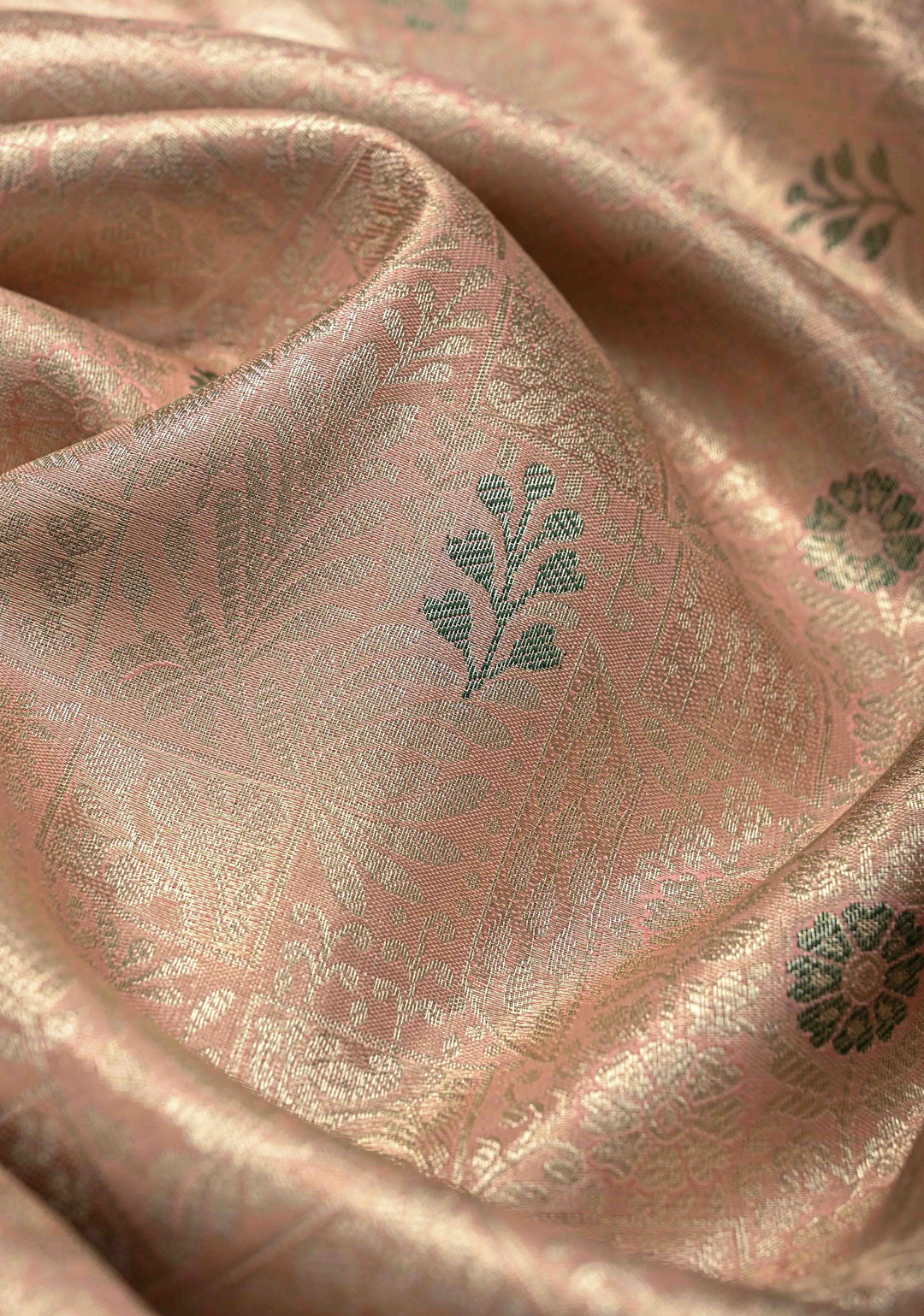 Faded Pink Brocade on Kanjivaram Tissue Semi Silk Saree with Meenakari Buttas and Contrast Zari Border