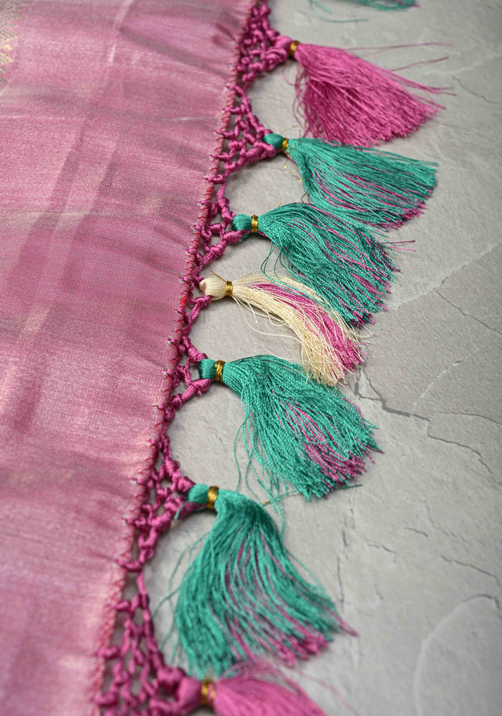 Green Brocade on Kanjivaram Tissue Semi Silk Saree with Meenakari Buttas and Contrast Zari Border