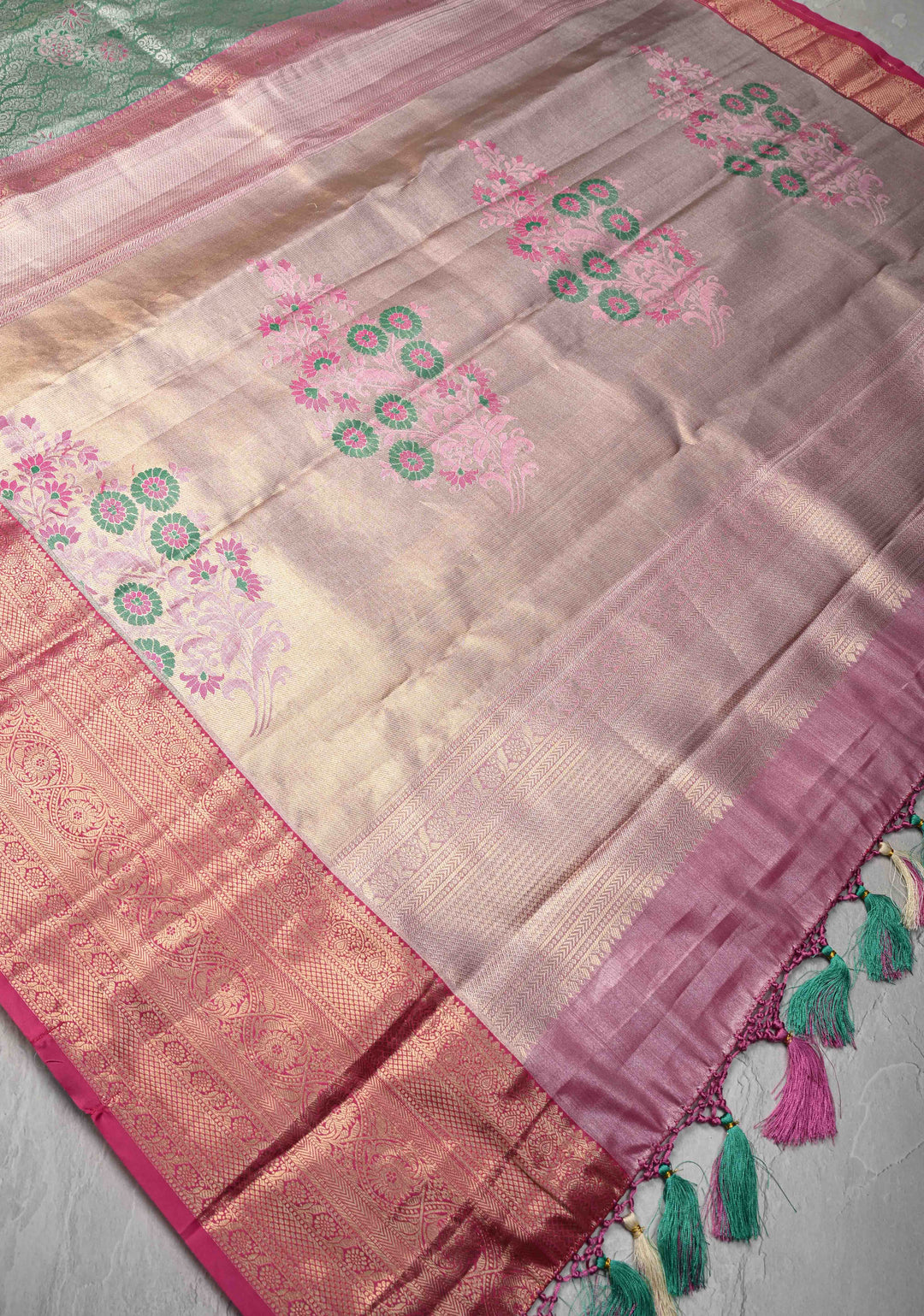 Green Brocade on Kanjivaram Tissue Semi Silk Saree with Meenakari Buttas and Contrast Zari Border