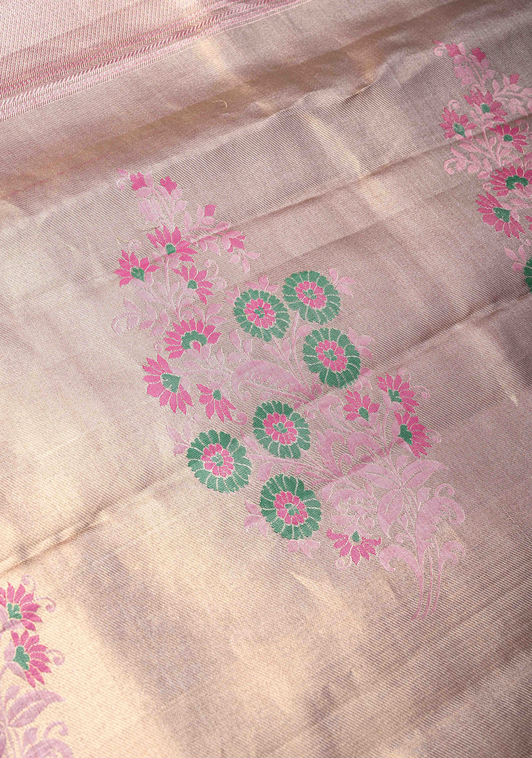 Green Brocade on Kanjivaram Tissue Semi Silk Saree with Meenakari Buttas and Contrast Zari Border