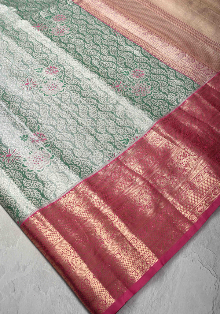 Green Brocade on Kanjivaram Tissue Semi Silk Saree with Meenakari Buttas and Contrast Zari Border