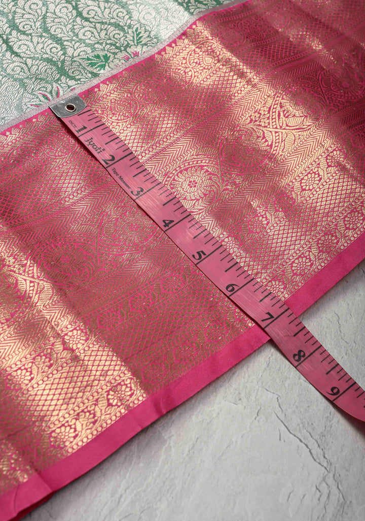 Green Brocade on Kanjivaram Tissue Semi Silk Saree with Meenakari Buttas and Contrast Zari Border