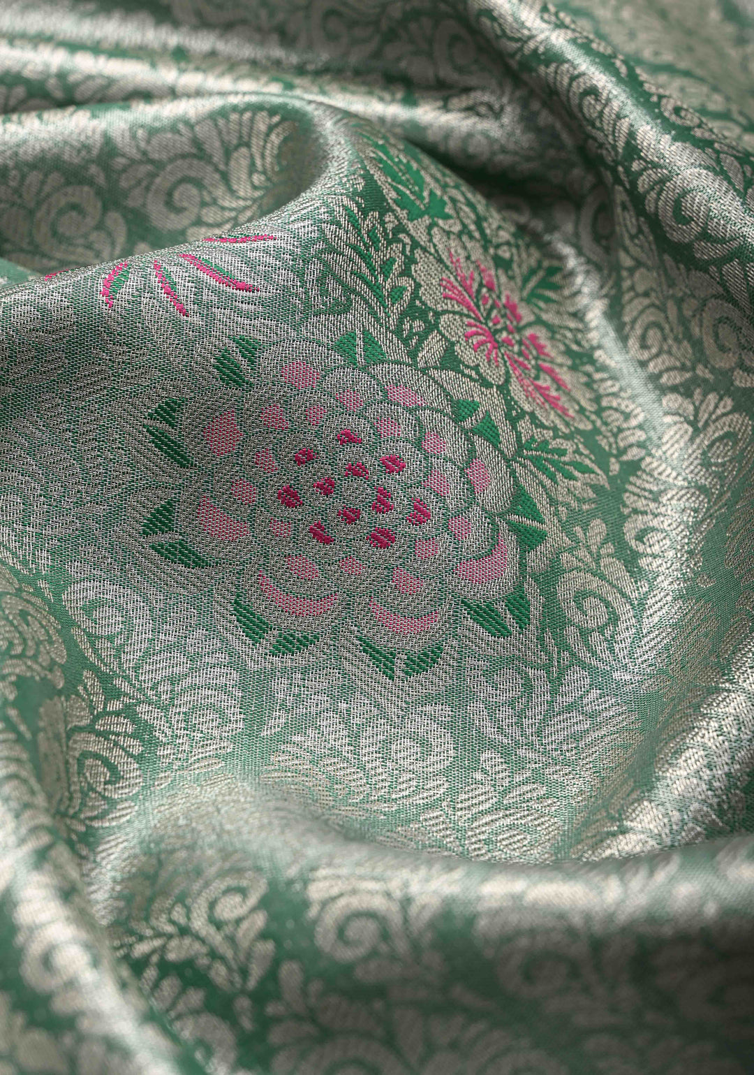 Green Brocade on Kanjivaram Tissue Semi Silk Saree with Meenakari Buttas and Contrast Zari Border