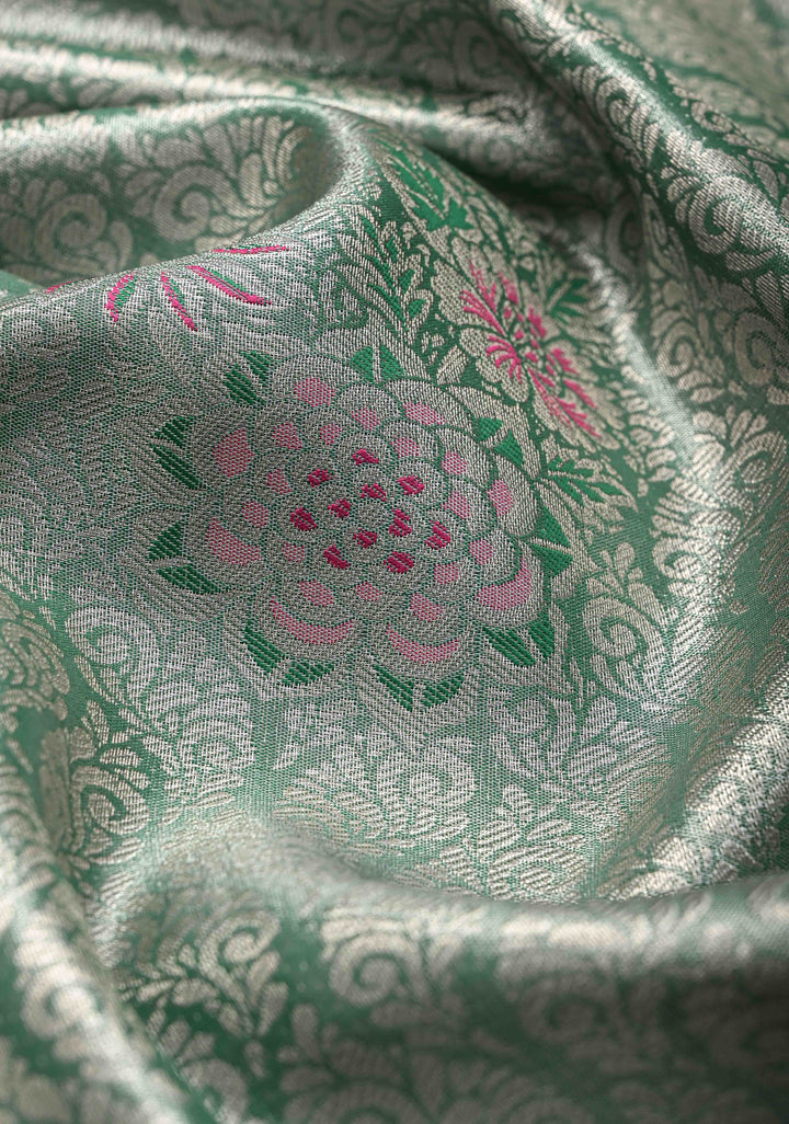 Green Brocade on Kanjivaram Tissue Semi Silk Saree with Meenakari Buttas and Contrast Zari Border